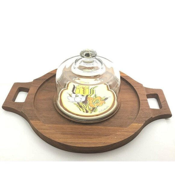 Vintage Goodwood Round Cheese Cracker Serving Tray Glass Dome Genuine Teak 16 in - Picture 1 of 9